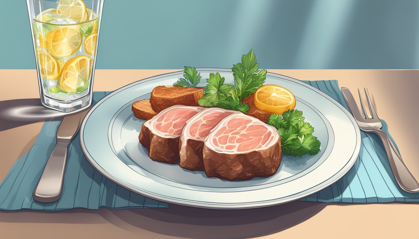 A glass of sparkling water next to a plate of meat