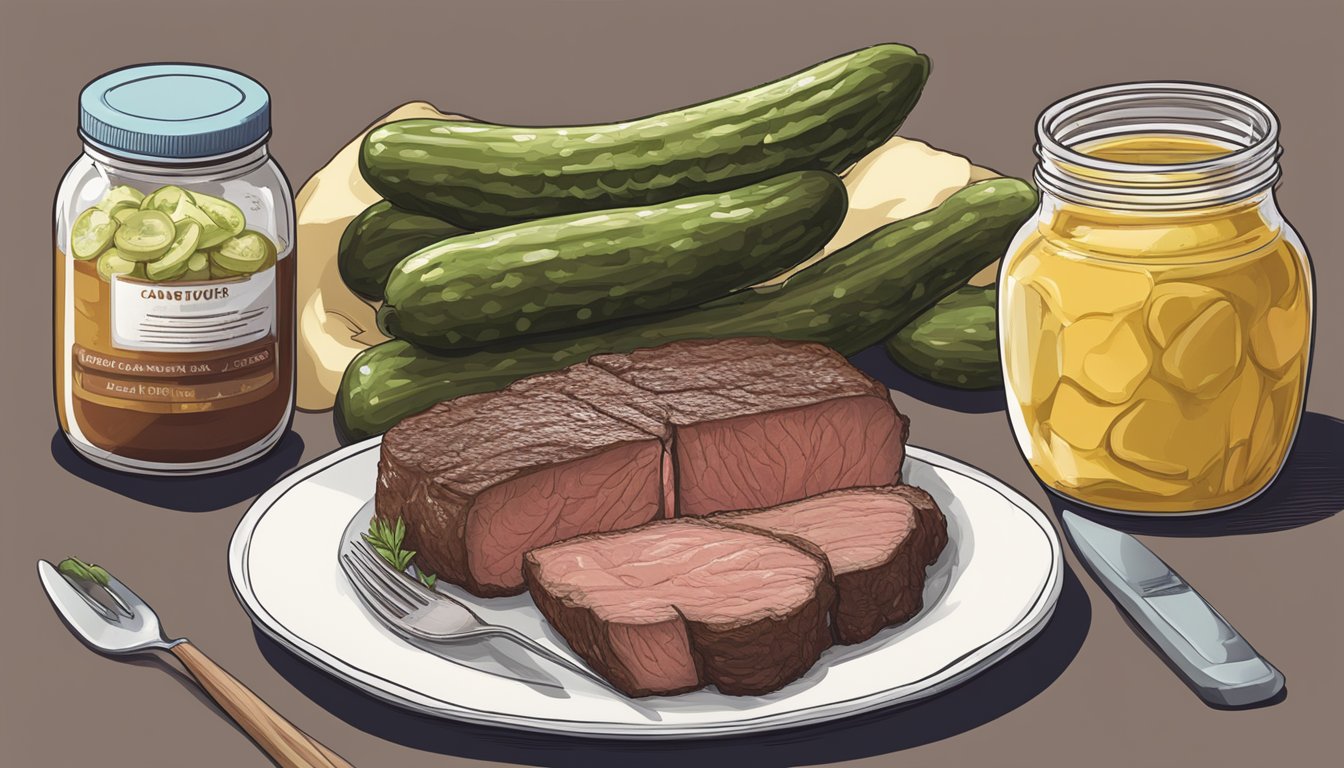 A carnivore diet with meat, bones, and organs. A jar of pickle juice sits next to a plate of steak and liver