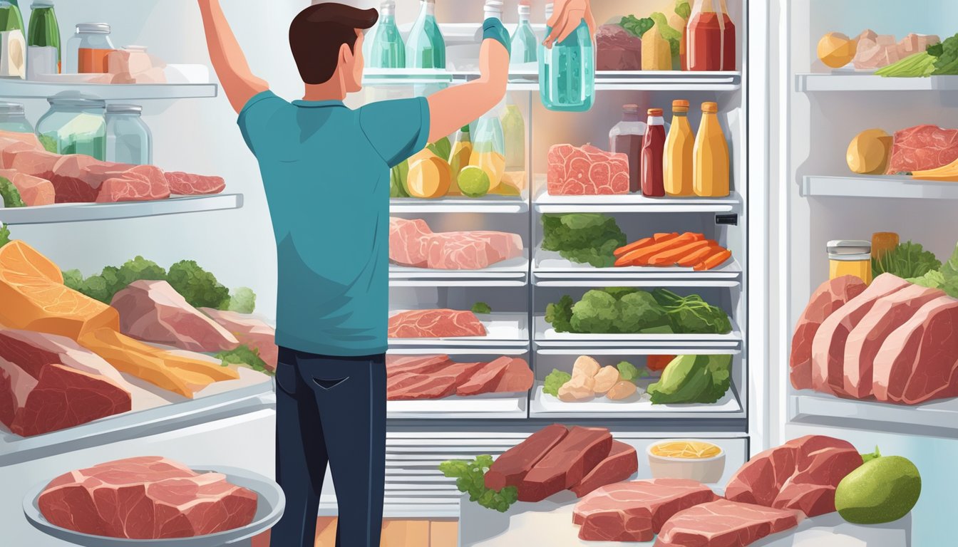 A person standing in front of a refrigerator, reaching for a bottle of sparkling water while surrounded by various cuts of meat and animal products