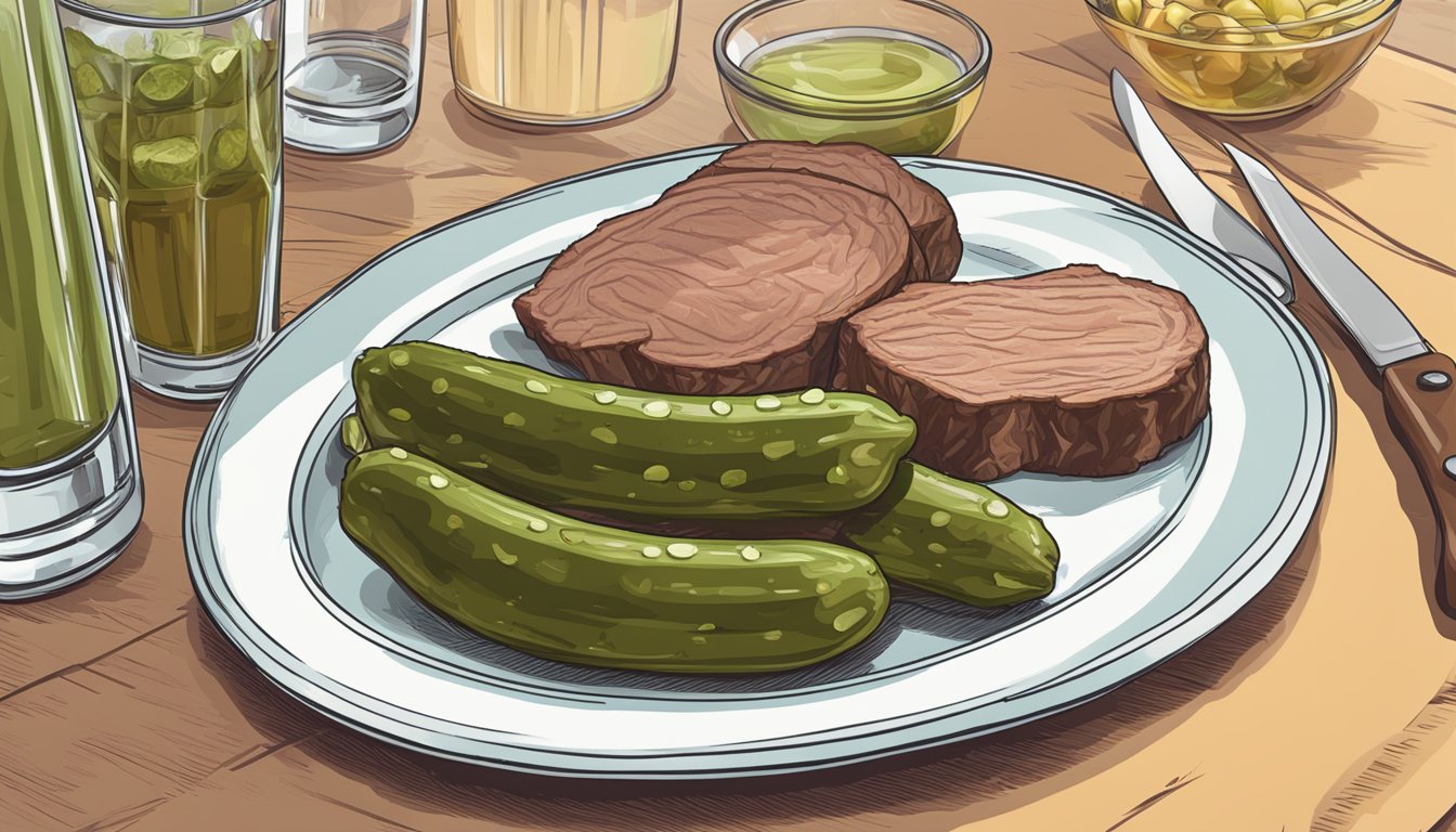 A glass of pickle juice sits next to a plate of meat, emphasizing the role of beverages in a carnivore diet