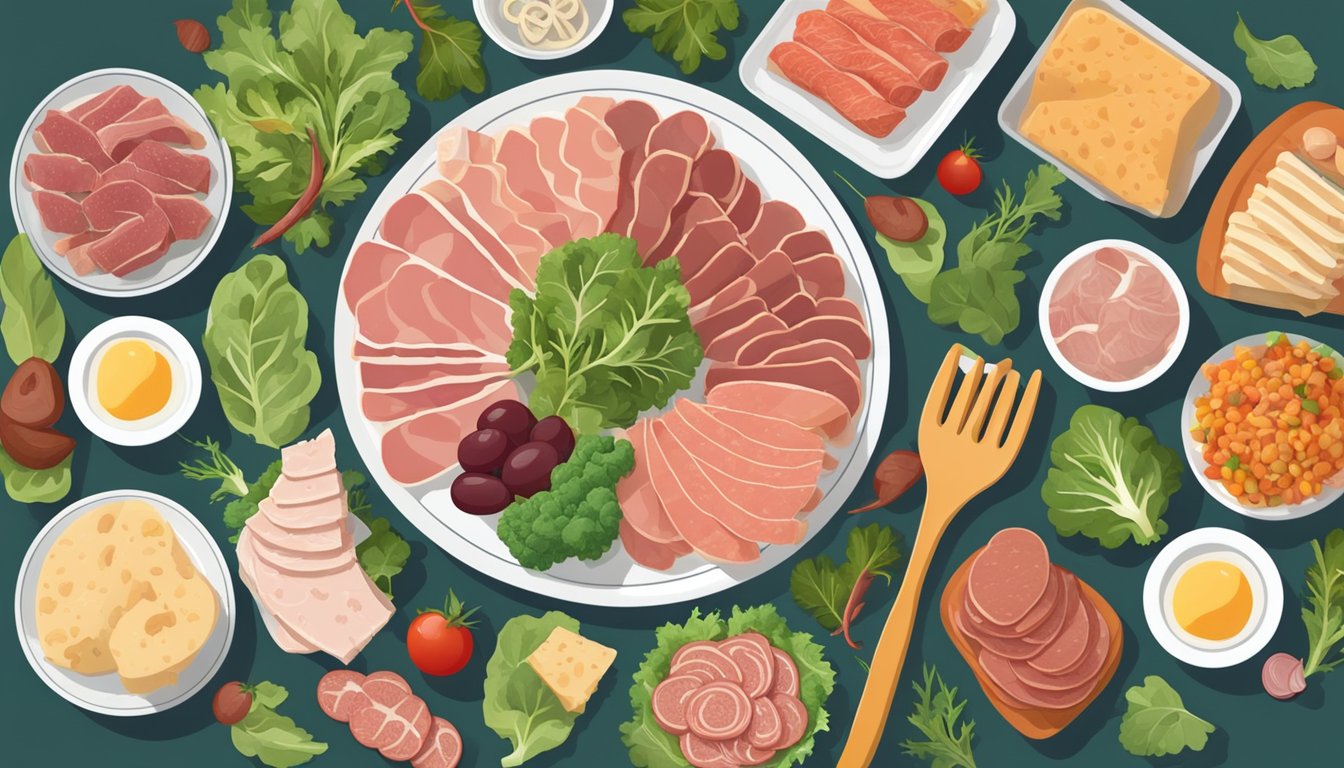 A plate with various deli meats arranged in a neat pattern, surrounded by leafy greens and other carnivore-friendly foods