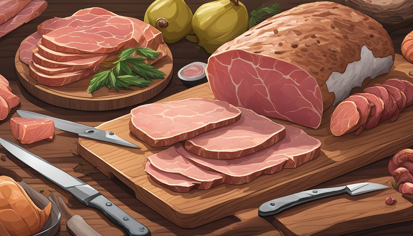 A pile of assorted deli meats on a cutting board, surrounded by sharp knives and a carnivorous animal lurking nearby