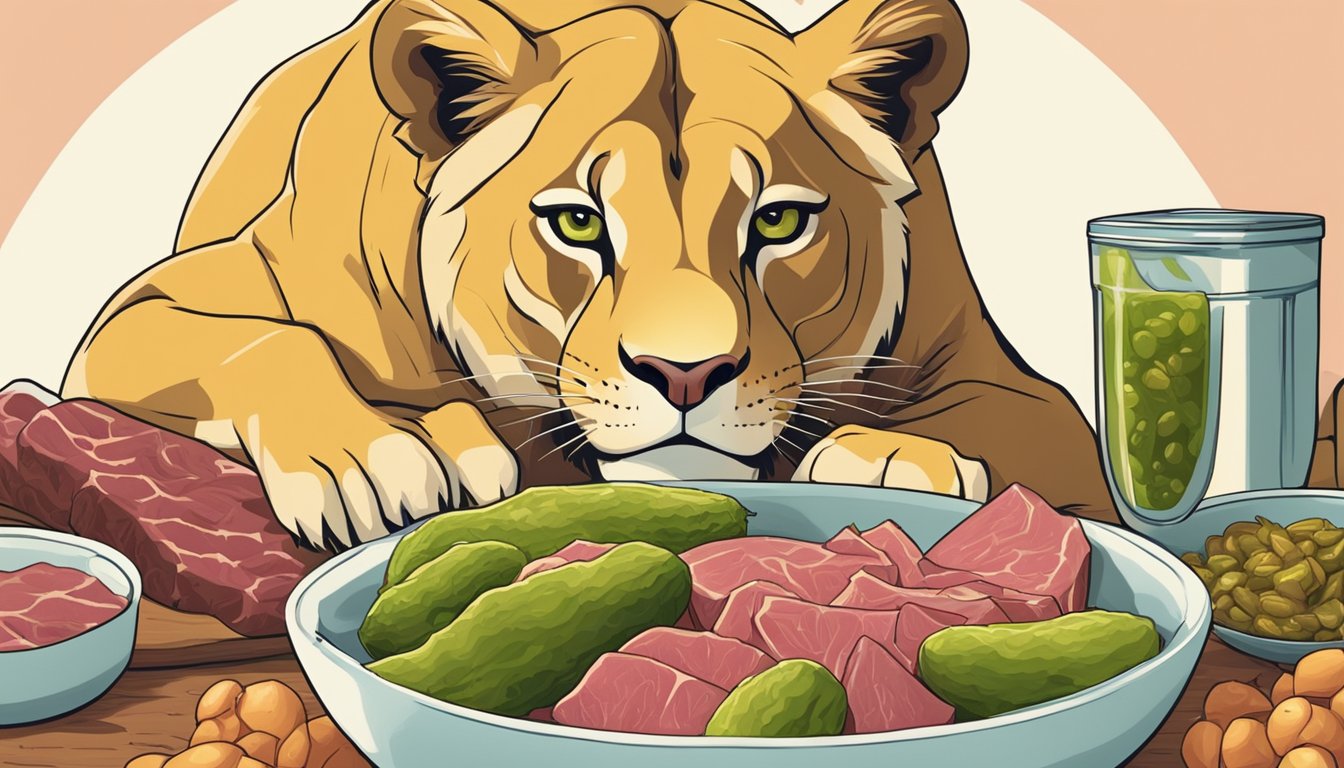 A lioness lapping up pickle juice from a bowl, surrounded by raw meat