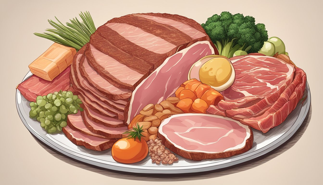 A plate with a large portion of ham, surrounded by other meat products like steak and bacon, with no fruits, vegetables, or grains in sight