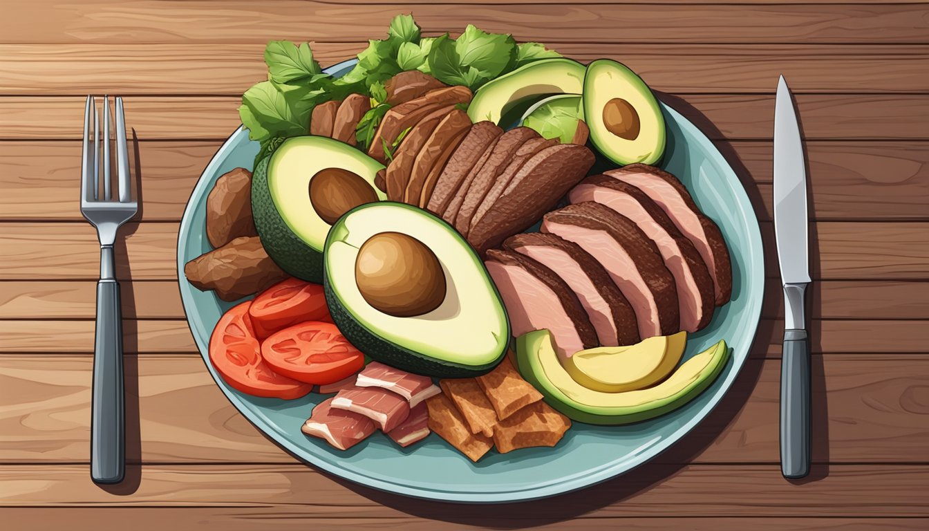 A plate with a variety of meats and avocado slices, surrounded by a knife and fork on a wooden table