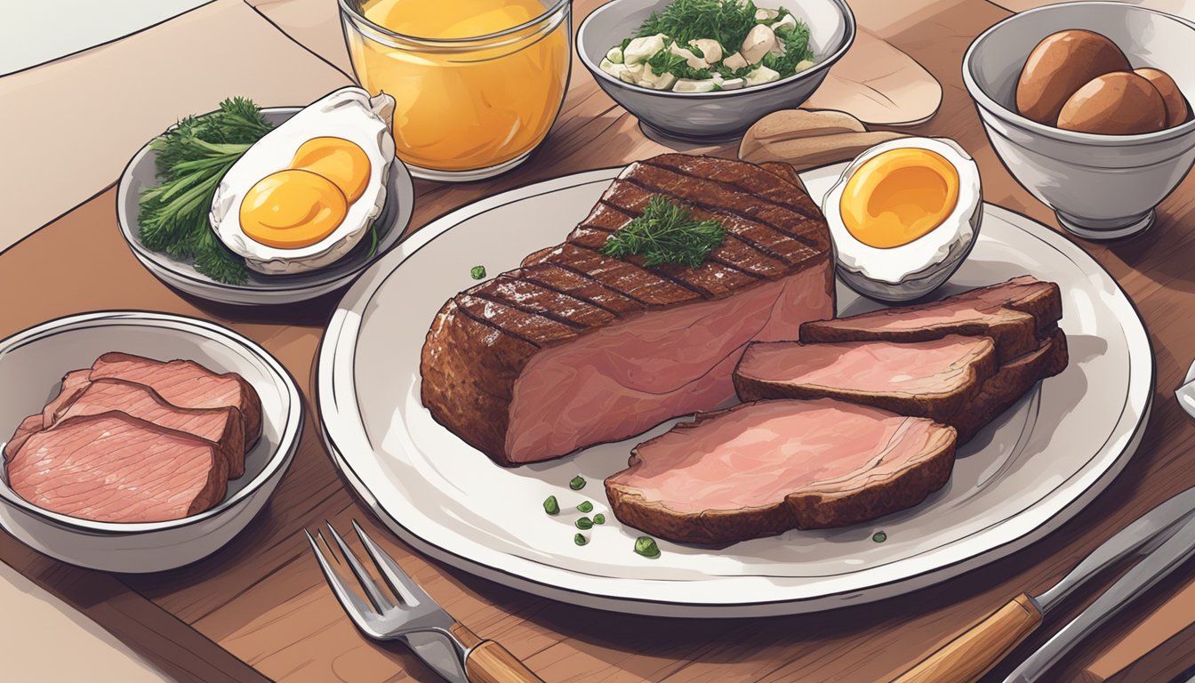 A carnivore diet scene with a plate of ham and other suitable foods, such as steak and eggs, laid out on a table