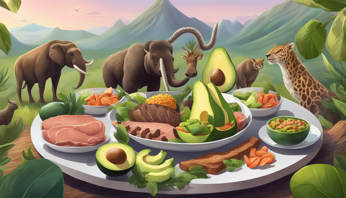 A carnivore diet scene with a plate of meat and a whole avocado, surrounded by carnivorous animals in a natural setting