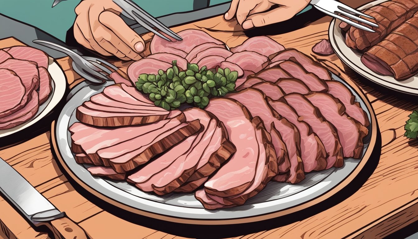 A plate of sliced ham surrounded by various raw meats on a wooden cutting board. A person's hand is holding a fork ready to consume the ham