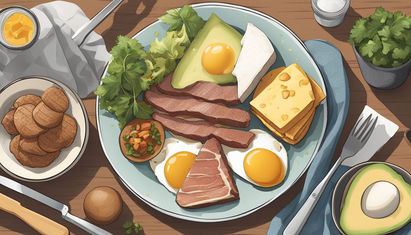 A plate with a variety of meats, eggs, and cheese, alongside a halved avocado with a knife