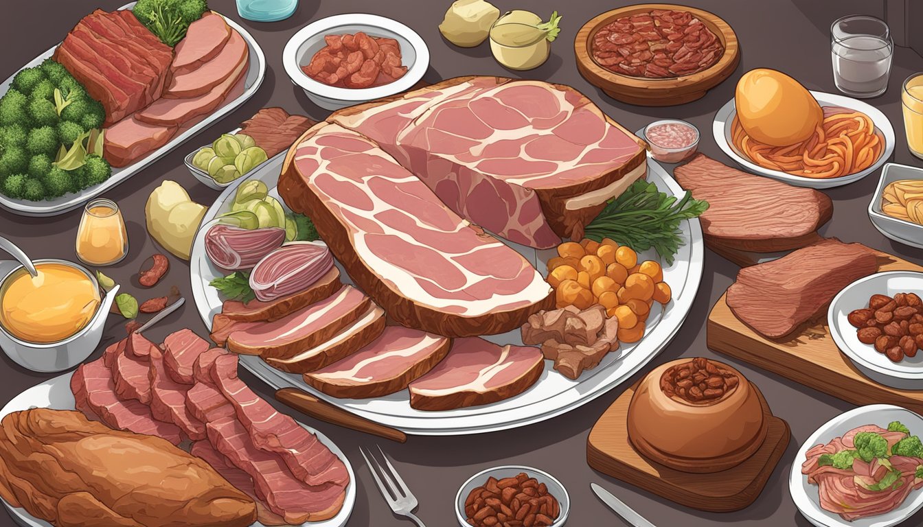 A plate with a thick slice of ham, surrounded by other meat options like steak and bacon. No fruits, vegetables, or grains in sight