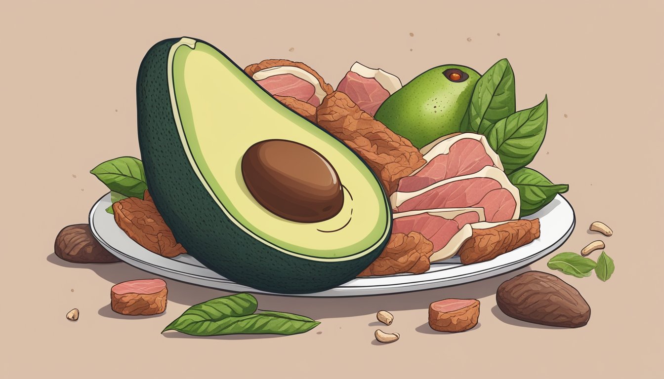 An avocado surrounded by meat and bones, representing the debate over whether it can be consumed on a carnivore diet