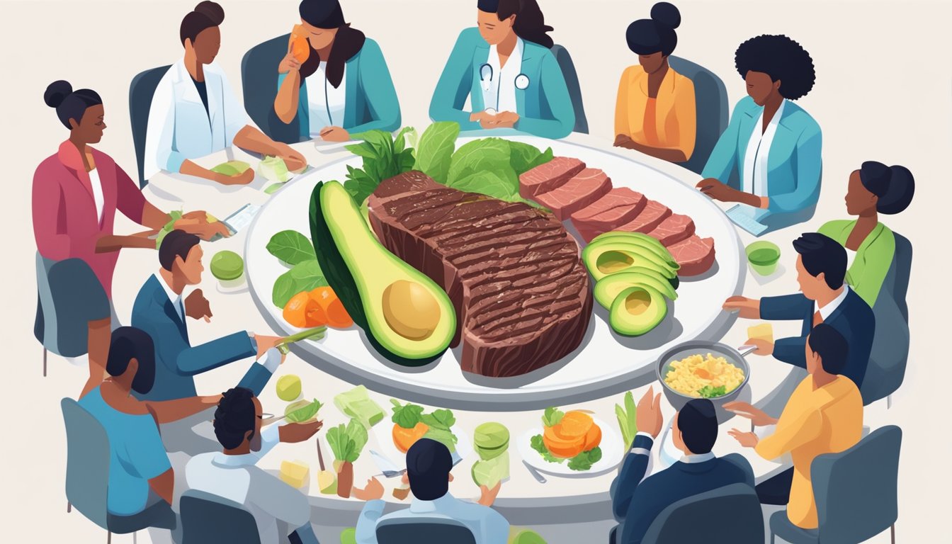 A plate with a juicy steak and a ripe avocado, surrounded by various healthcare professionals discussing the compatibility of avocados with a carnivore diet