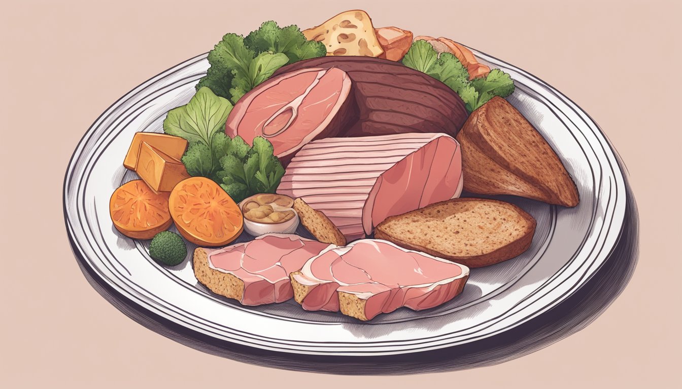 A plate with a thick slice of ham surrounded by various meats and animal products, with no plant-based foods in sight