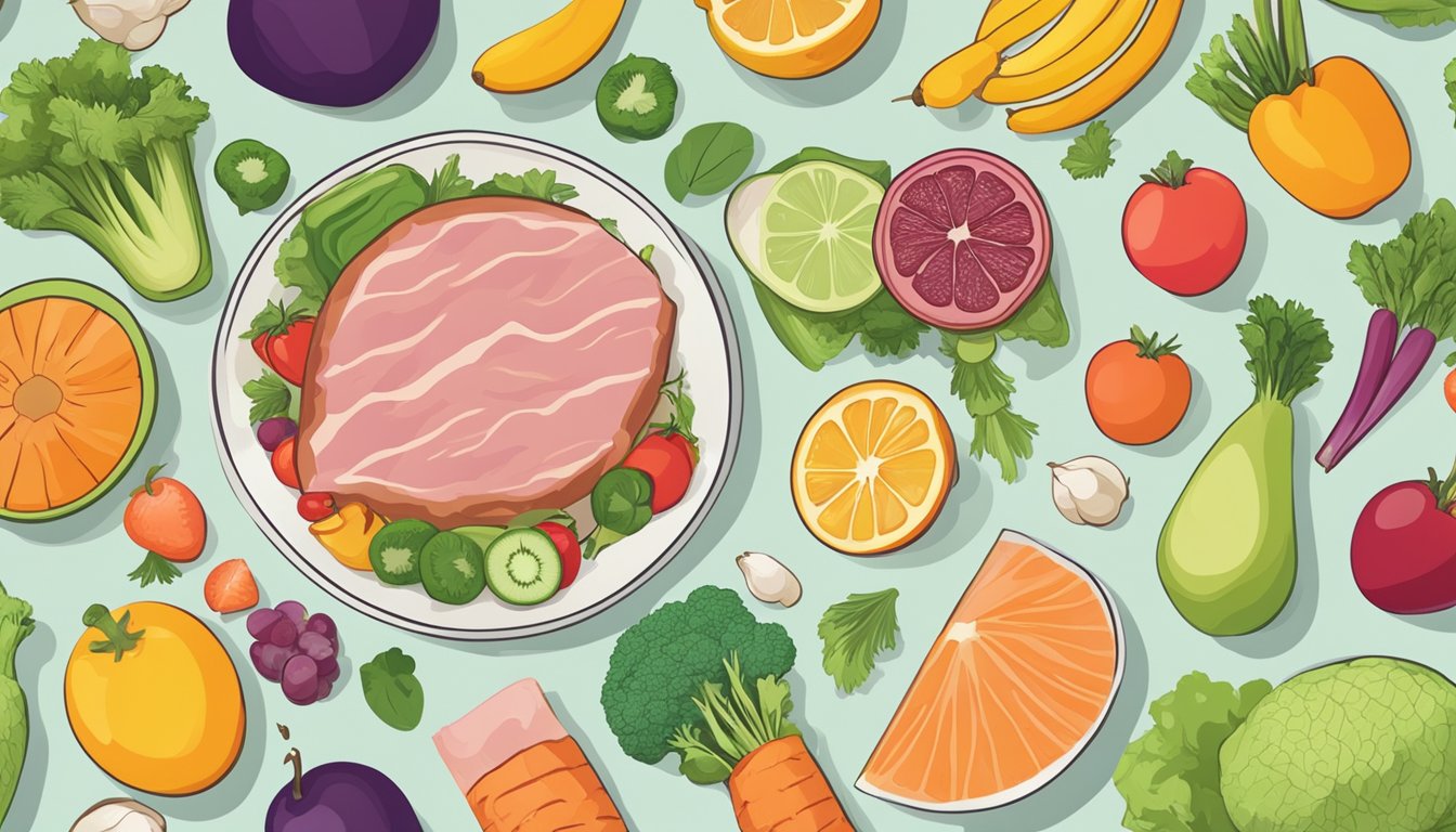 A plate with a piece of ham surrounded by various fruits and vegetables, with a question mark hovering above it