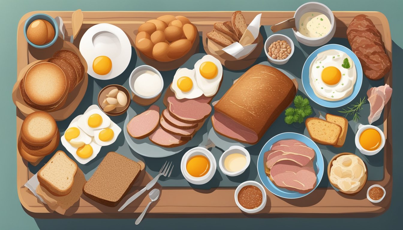 A table set with a variety of meats, eggs, and dairy, with a loaf of bread untouched and isolated from the other foods