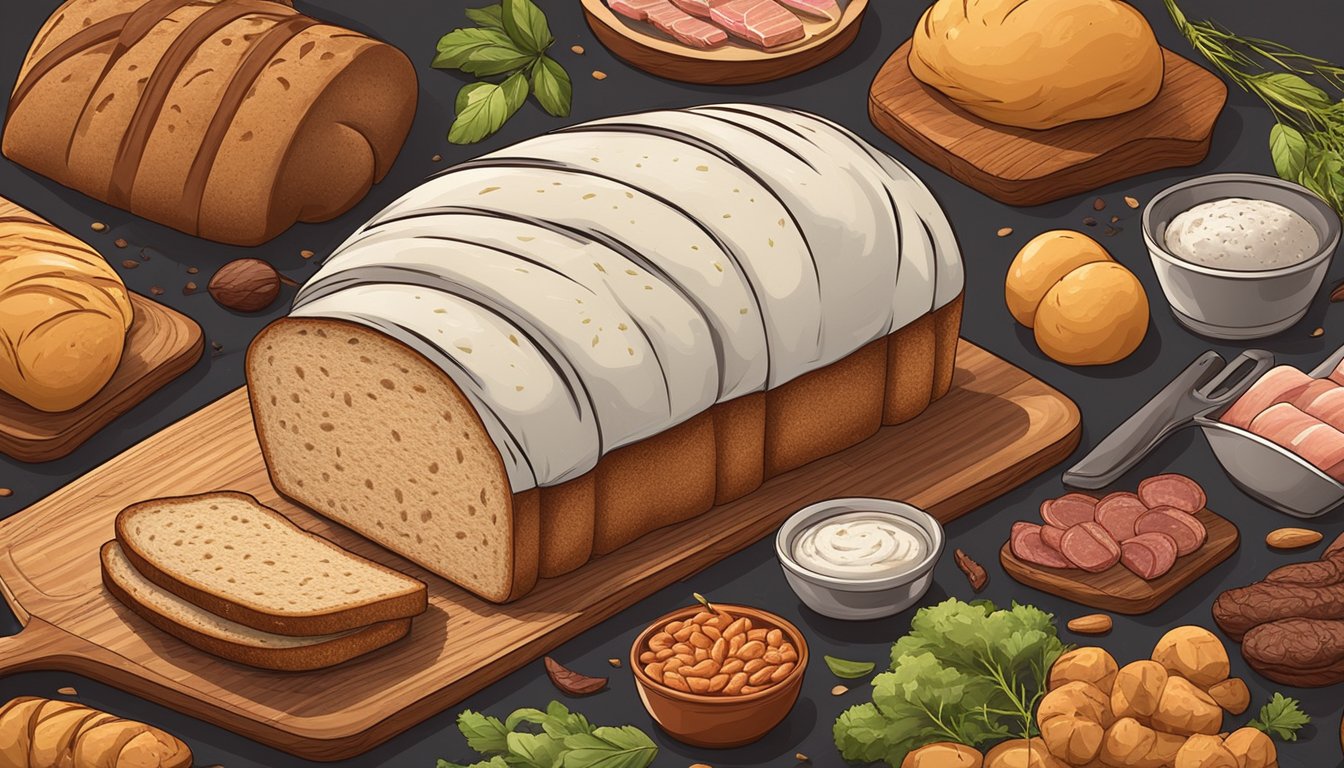 A loaf of bread surrounded by various meats and animal products on a wooden cutting board