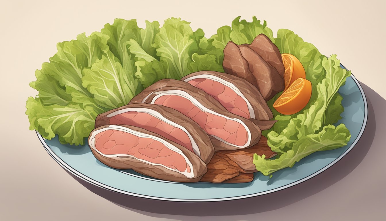 A plate of assorted meats with no vegetables, next to a discarded head of lettuce