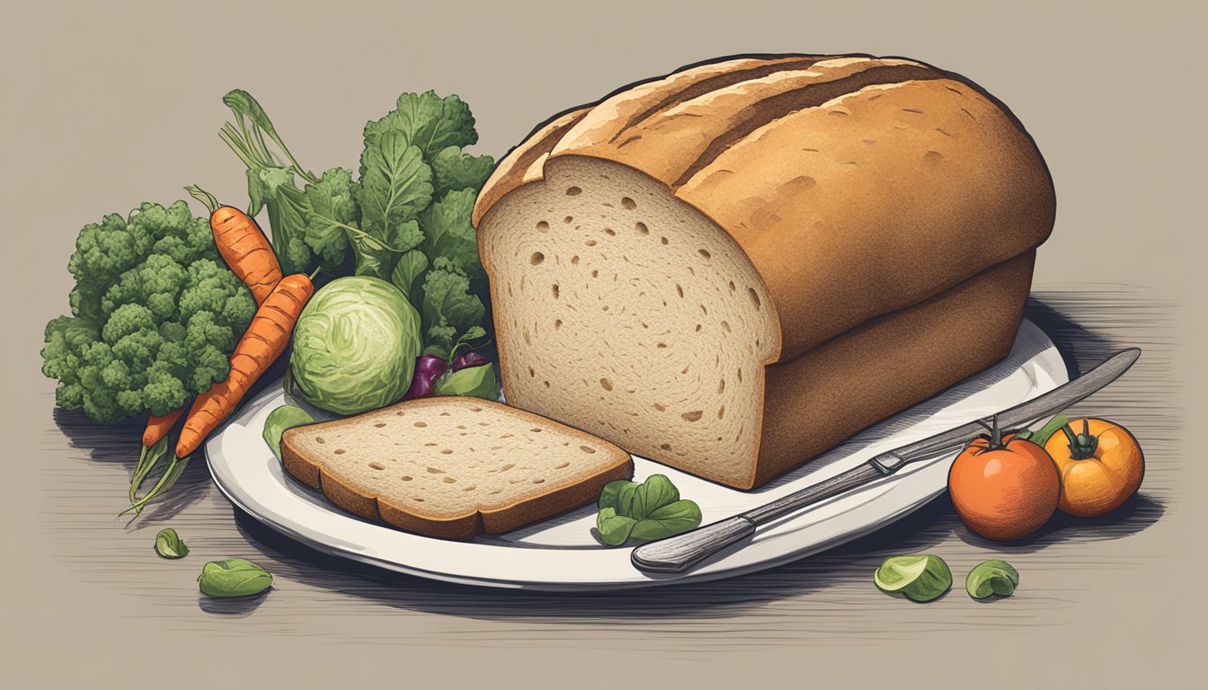 A loaf of bread sits untouched next to a plate of meat and vegetables, symbolizing the conflict of dietary choices