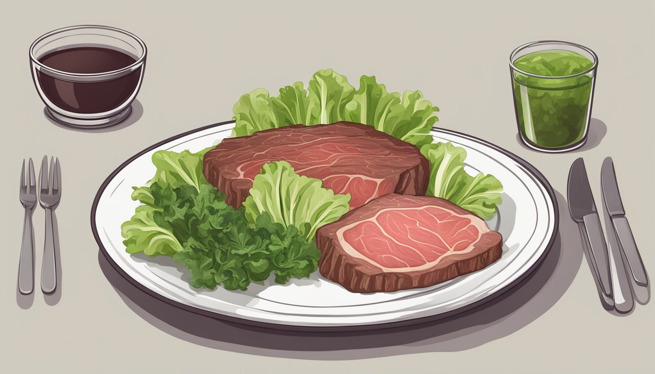 A carnivore diet with lettuce: A plate with raw meat and a side of leafy green lettuce, no other food items present