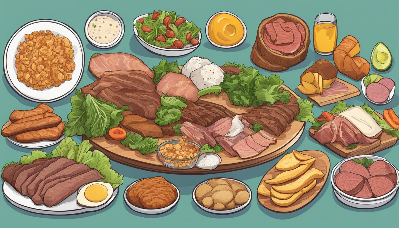 A carnivore's plate with a variety of meats and animal products, devoid of any plant-based foods like lettuce