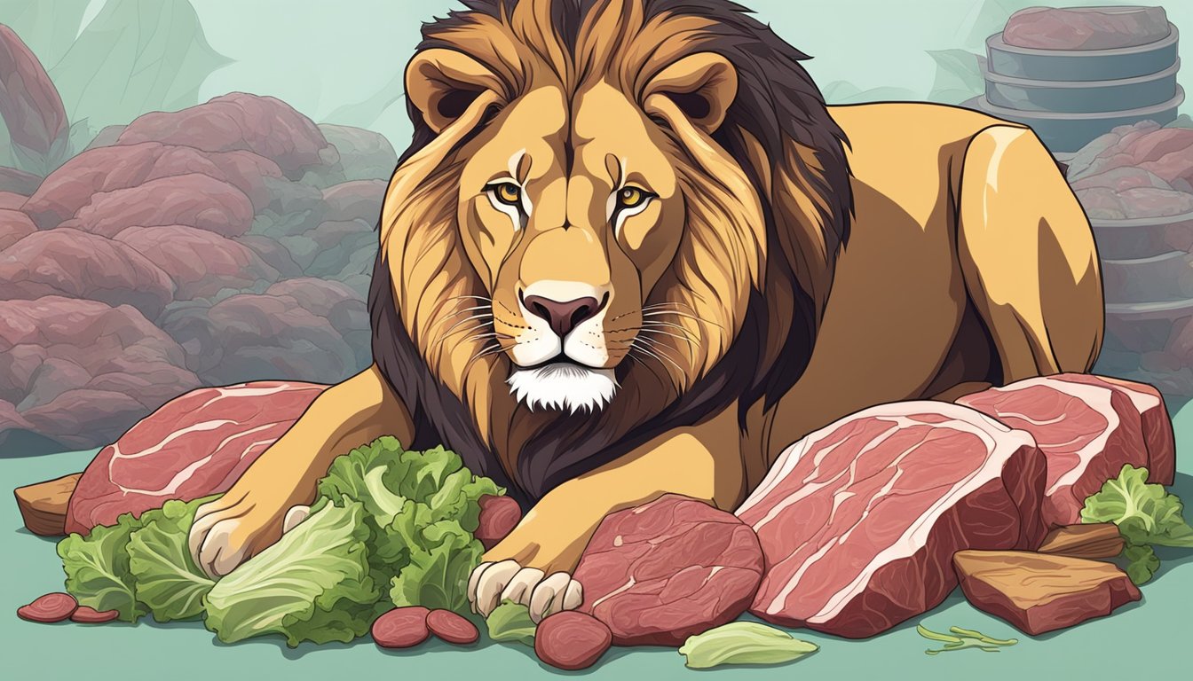 A lion surrounded by raw meat, with a pile of lettuce untouched nearby