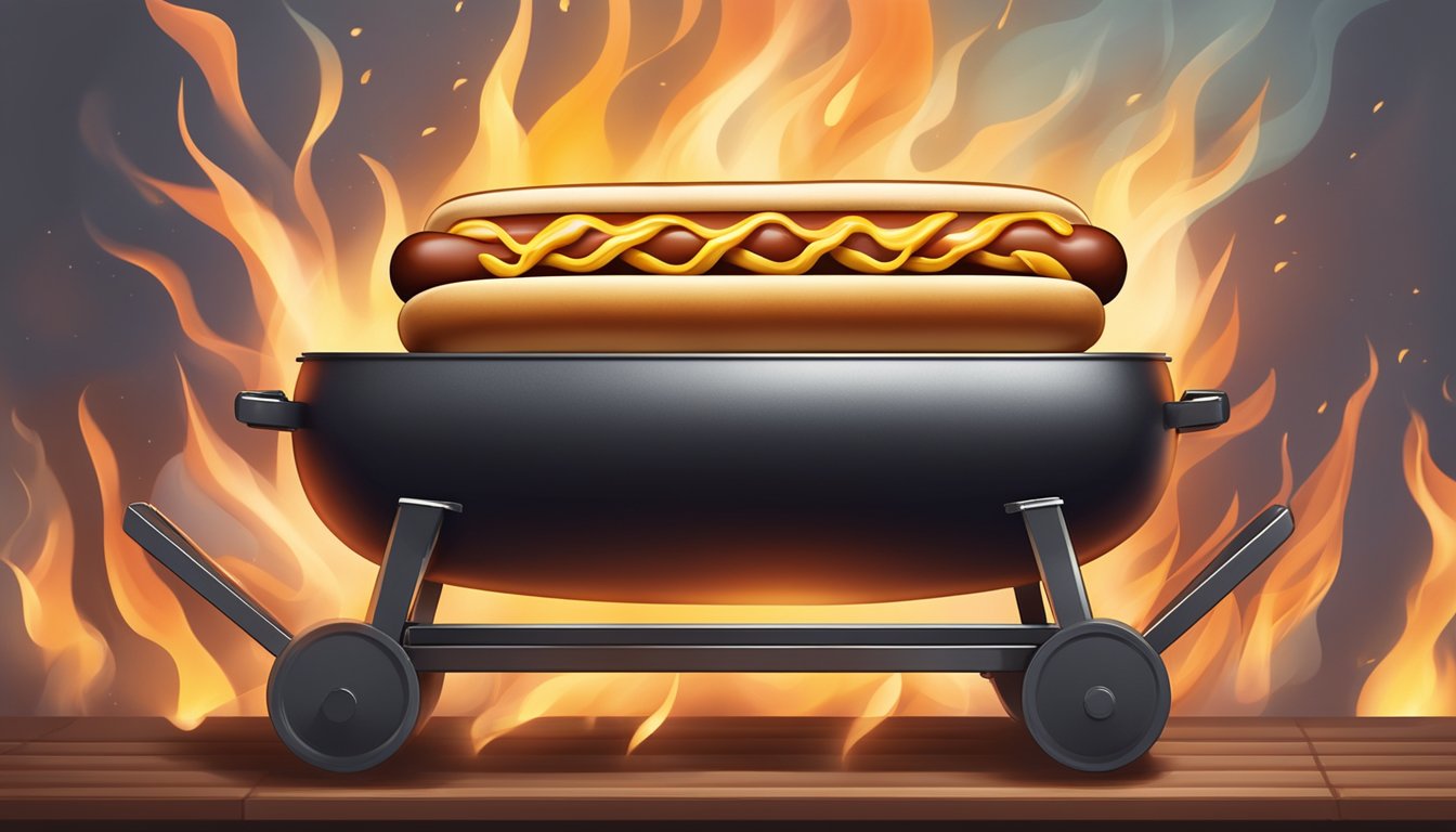 A sizzling hot dog on a grill, surrounded by flames and smoke