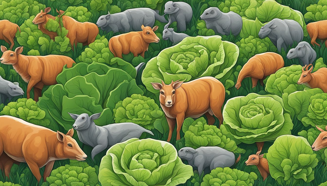 A lush green field of lettuce surrounded by a group of carnivorous animals