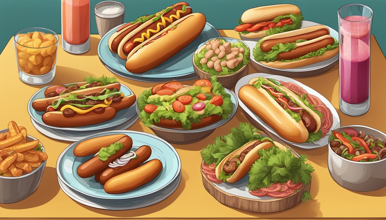 A table with a plate of hot dogs made from non-meat animal products, surrounded by various carnivorous animals