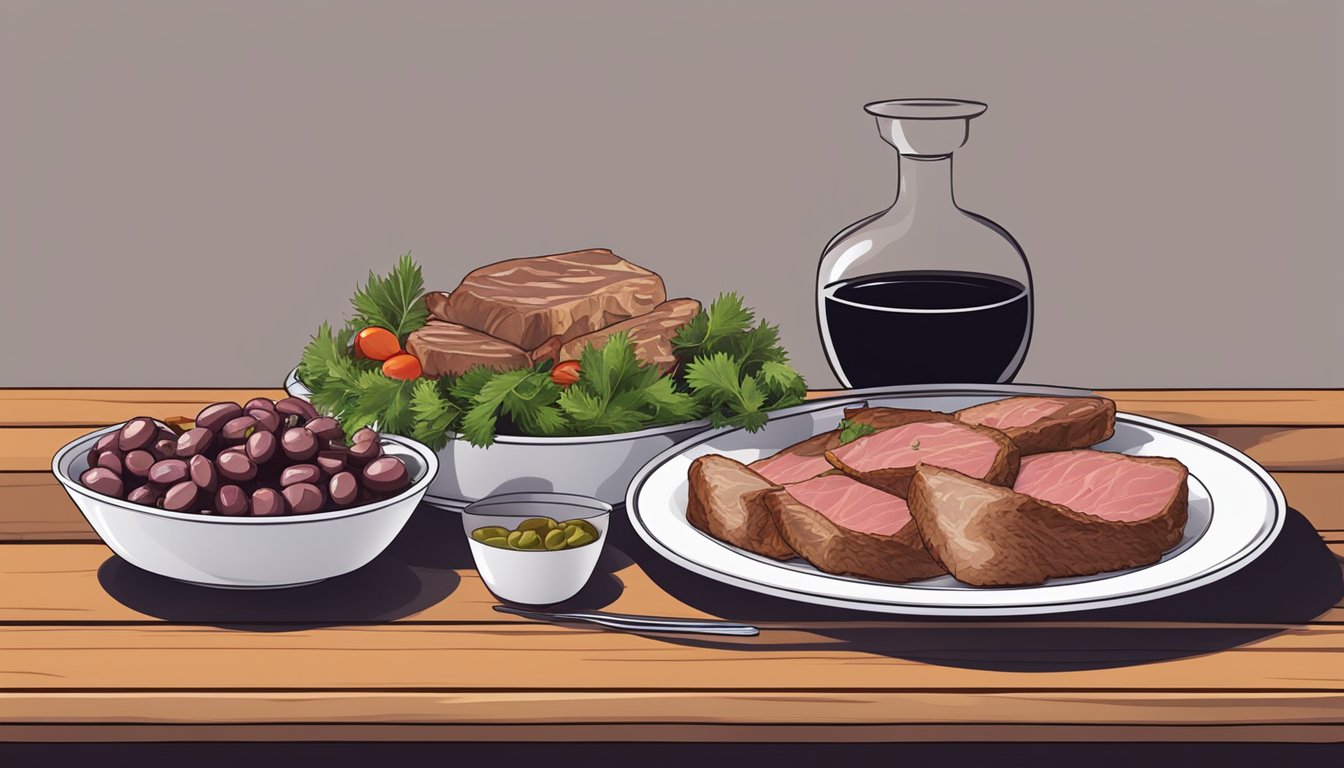 A plate with various types of meat and a bowl of olives on a wooden table