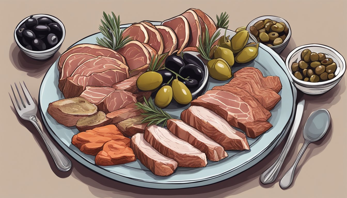 A carnivore diet scene with a plate of assorted meats and a bowl of olives, showcasing the variations and adaptations within the diet