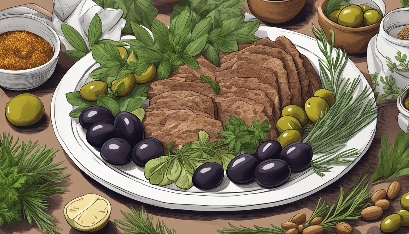 A carnivore diet scene with a plate of olives surrounded by fresh herbs and spices