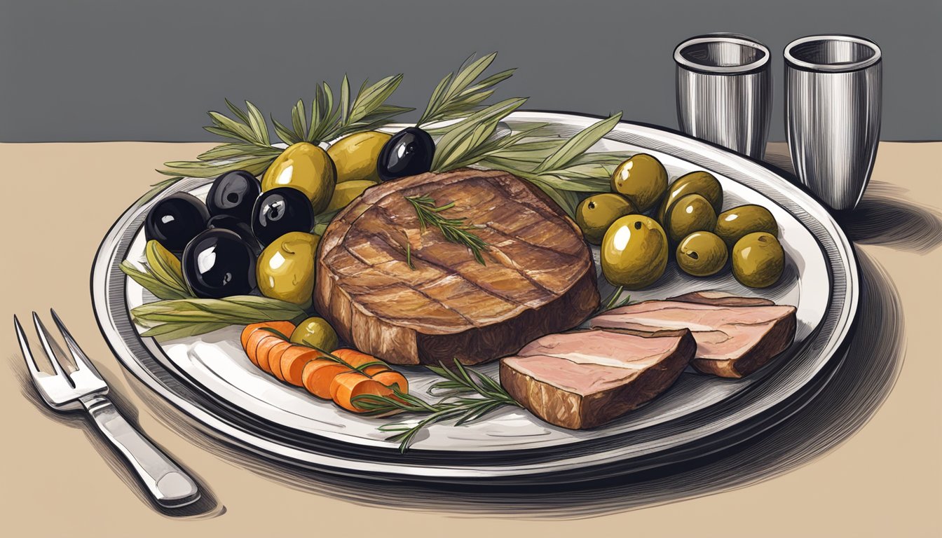 A plate of assorted meats and olives, with a knife and fork nearby