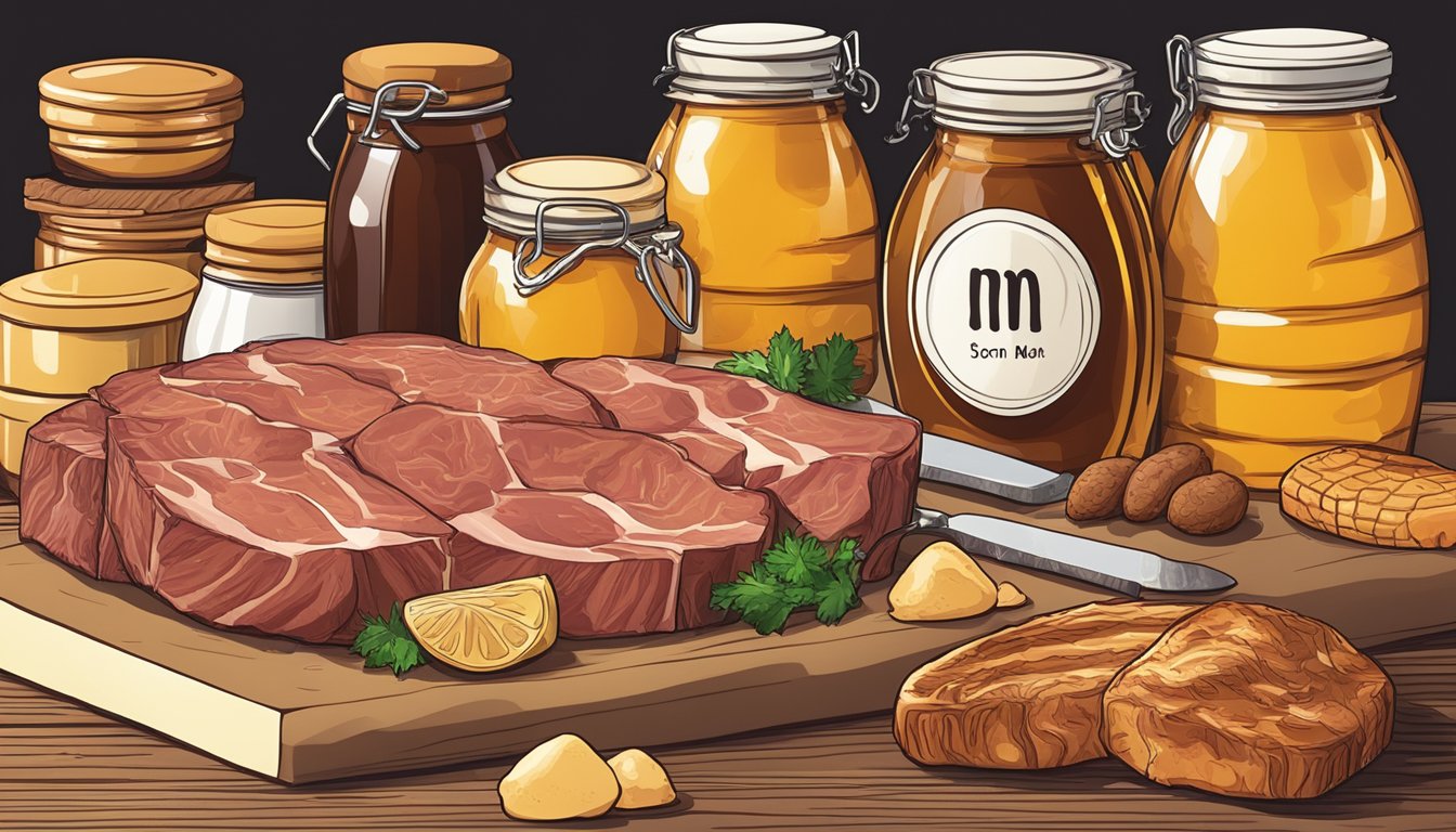 A carnivore diet scene with a jar of honey next to a selection of meat and animal products, with a question mark above the honey