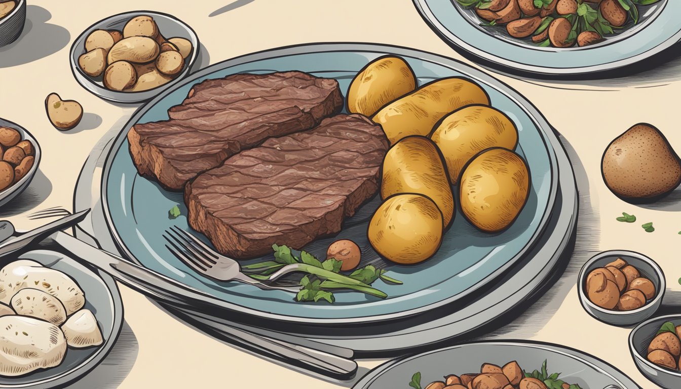 A plate with various types of meat and a pile of potatoes, with a question mark hovering over the potatoes