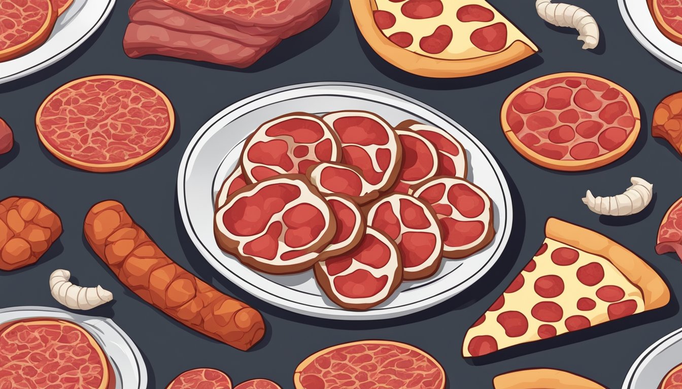 A plate of pepperoni slices surrounded by raw meat and bones, with a question mark hovering above