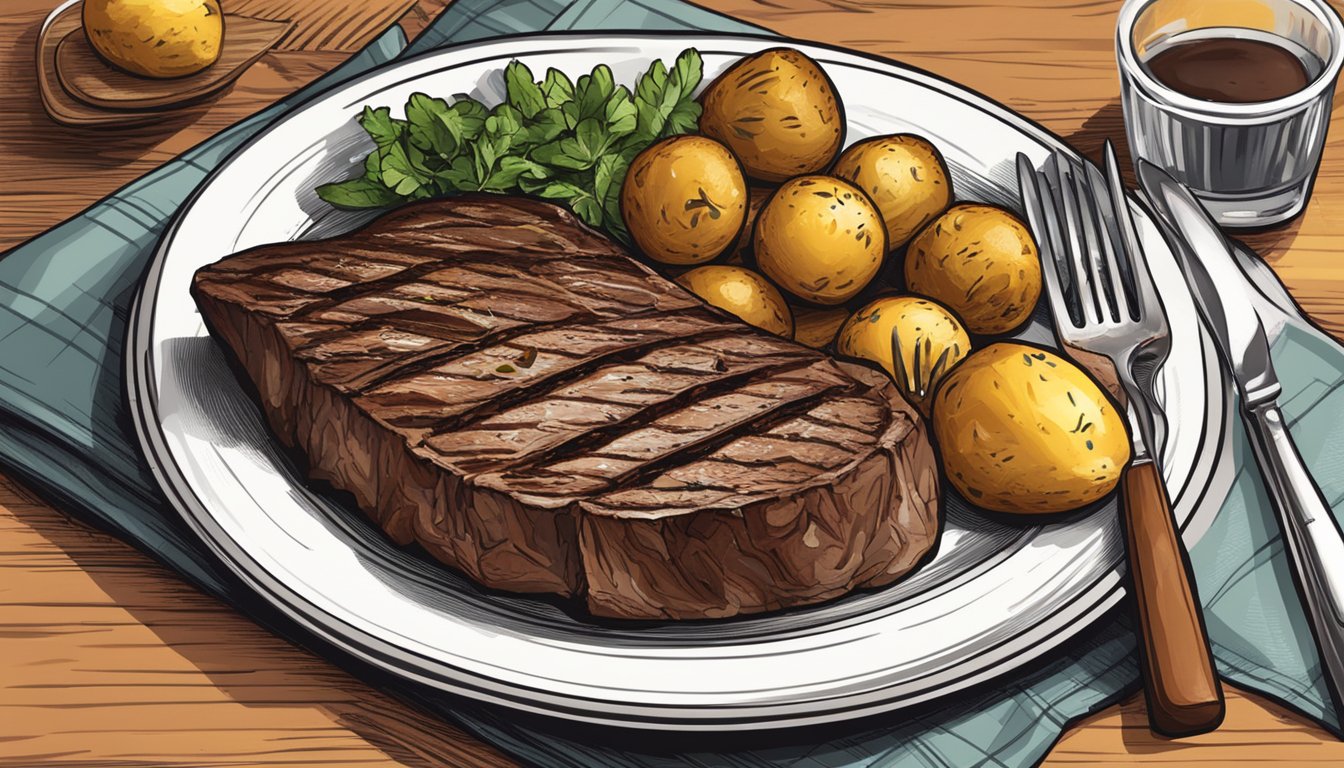 A plate with a grilled steak and a side of roasted potatoes, with a focus on the food