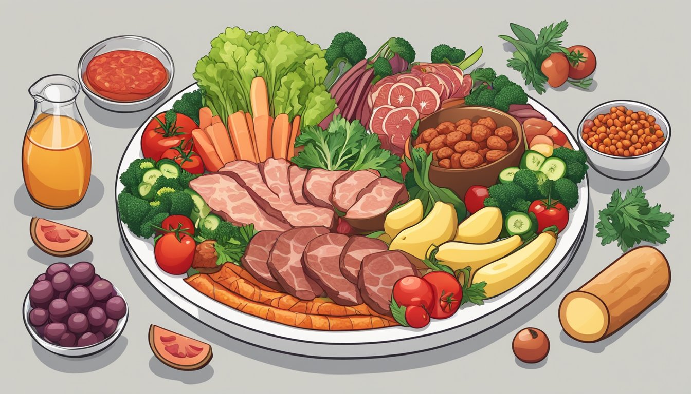 A plate with various meats, including pepperoni, surrounded by vegetables and fruits, symbolizing diet customization and variations on a carnivore diet