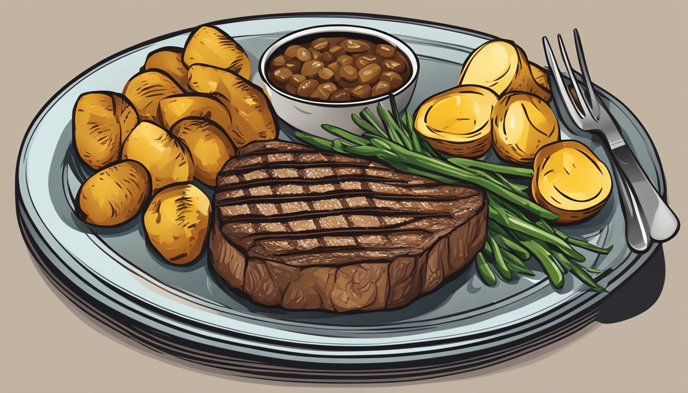 A plate with a grilled steak and a side of roasted potatoes, with a crossed-out symbol over the potatoes