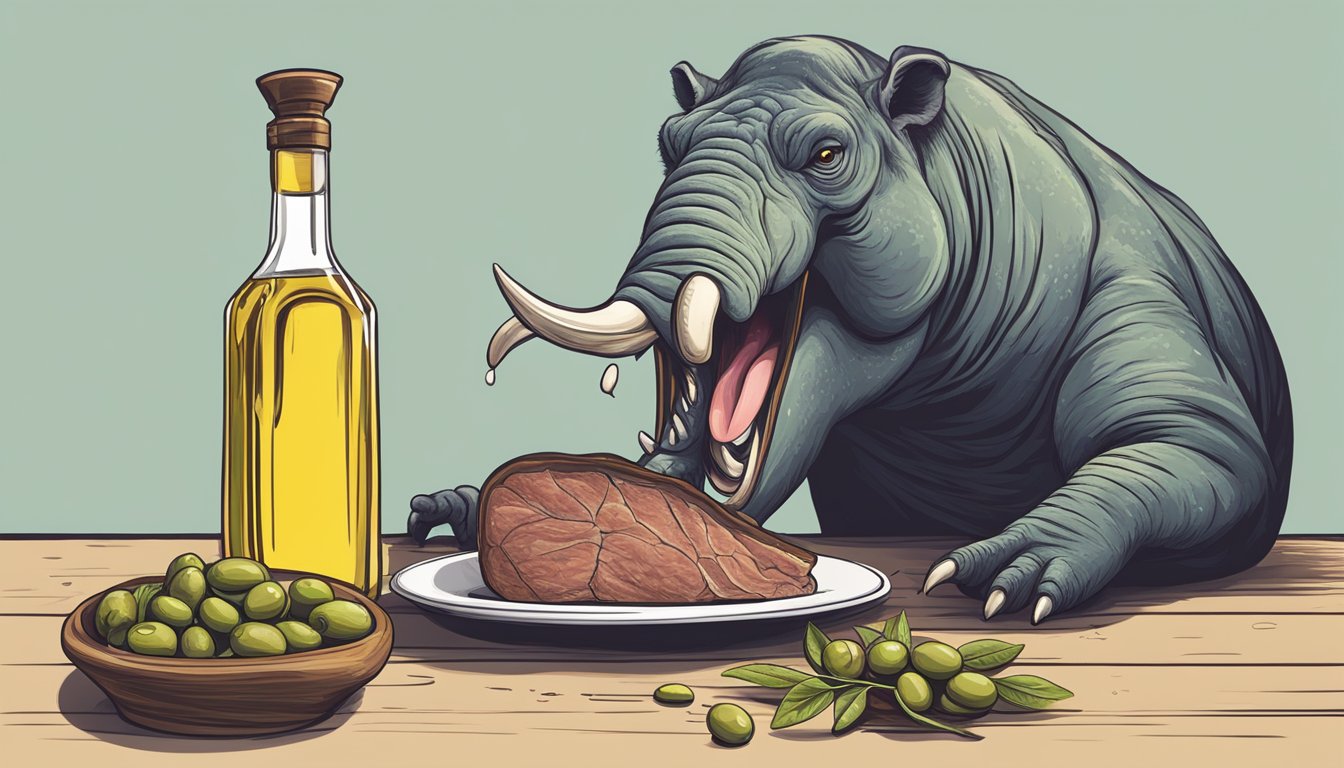 A carnivorous animal consuming meat and olive oil, with a visible emphasis on the role of fats in the diet