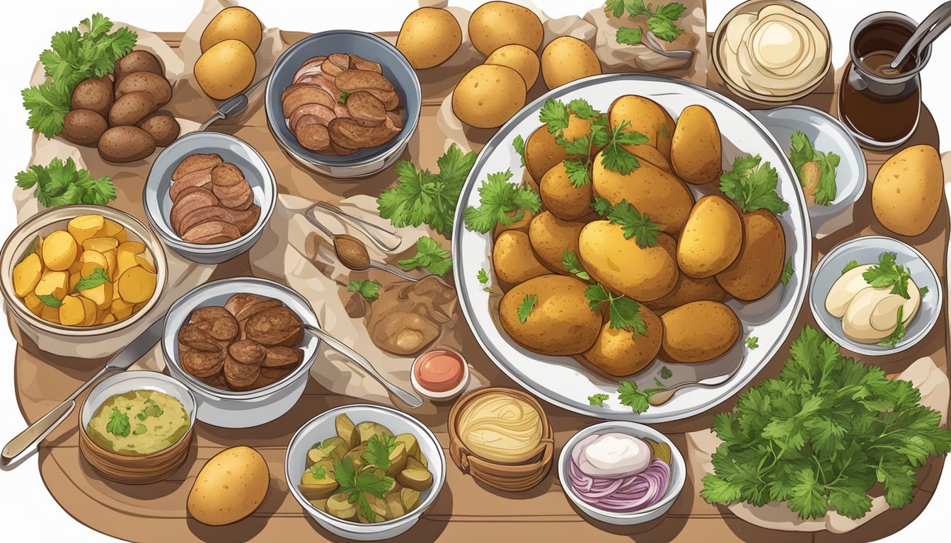 A plate with various potato dishes, surrounded by meat and cooking utensils