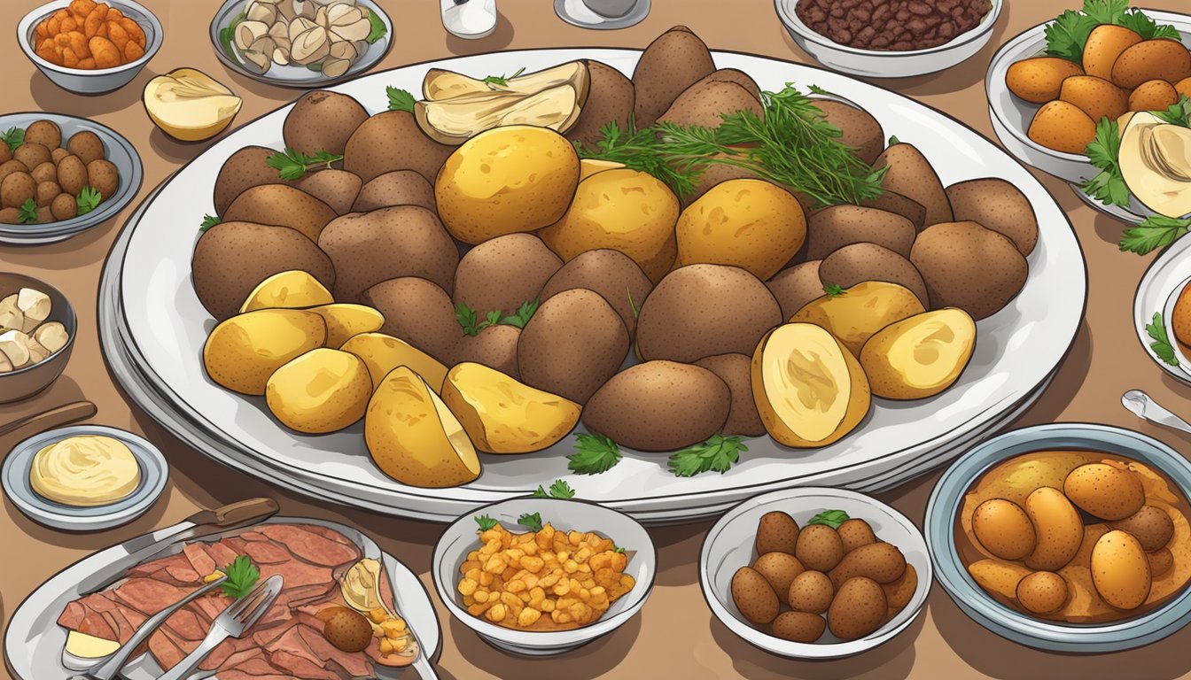 A plate with a variety of cooked potatoes, surrounded by meat and animal products