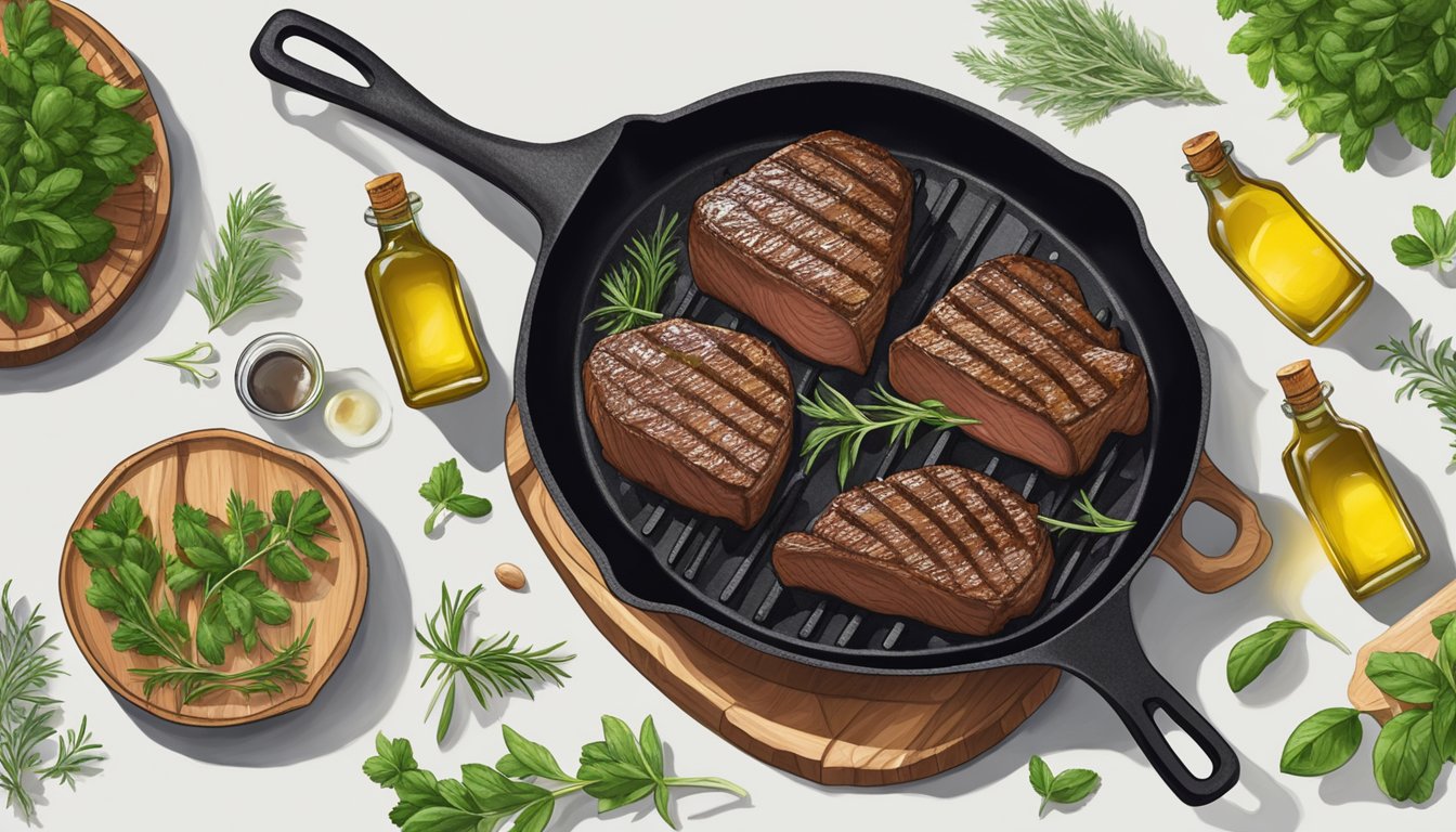 A sizzling steak grills on a cast iron skillet, surrounded by fresh herbs and a bottle of olive oil