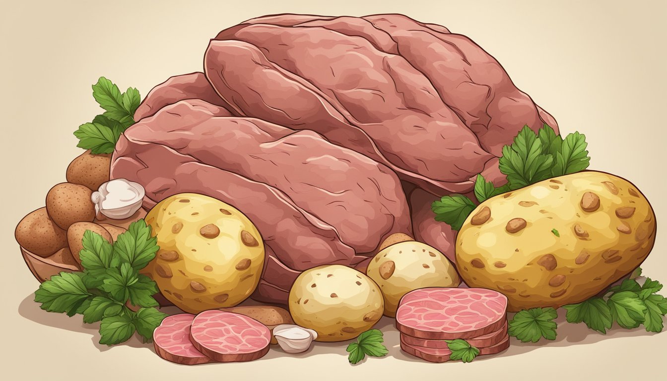 A pile of raw potatoes surrounded by meat and animal products