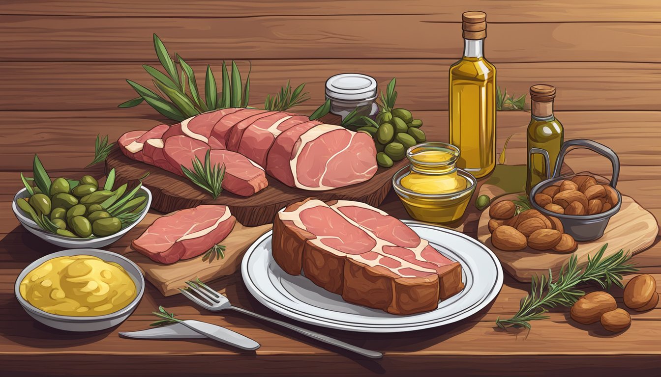 A carnivore diet scene with a bottle of olive oil and various meat products on a wooden table