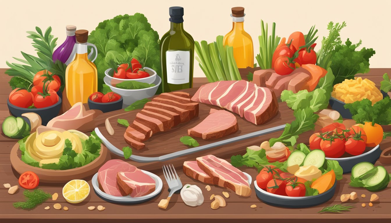 A carnivore diet with a bottle of olive oil, surrounded by fresh vegetables and meats, emphasizing personalization for lifestyle and health goals