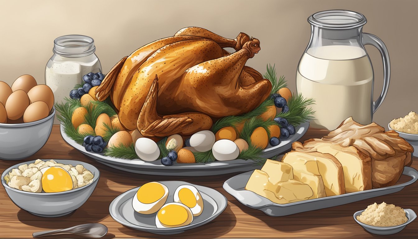 A rotisserie chicken surrounded by eggs and dairy products on a table