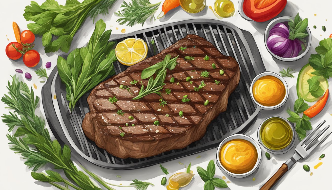 A sizzling steak sits on a grill, drizzled with olive oil and surrounded by fresh herbs and vegetables