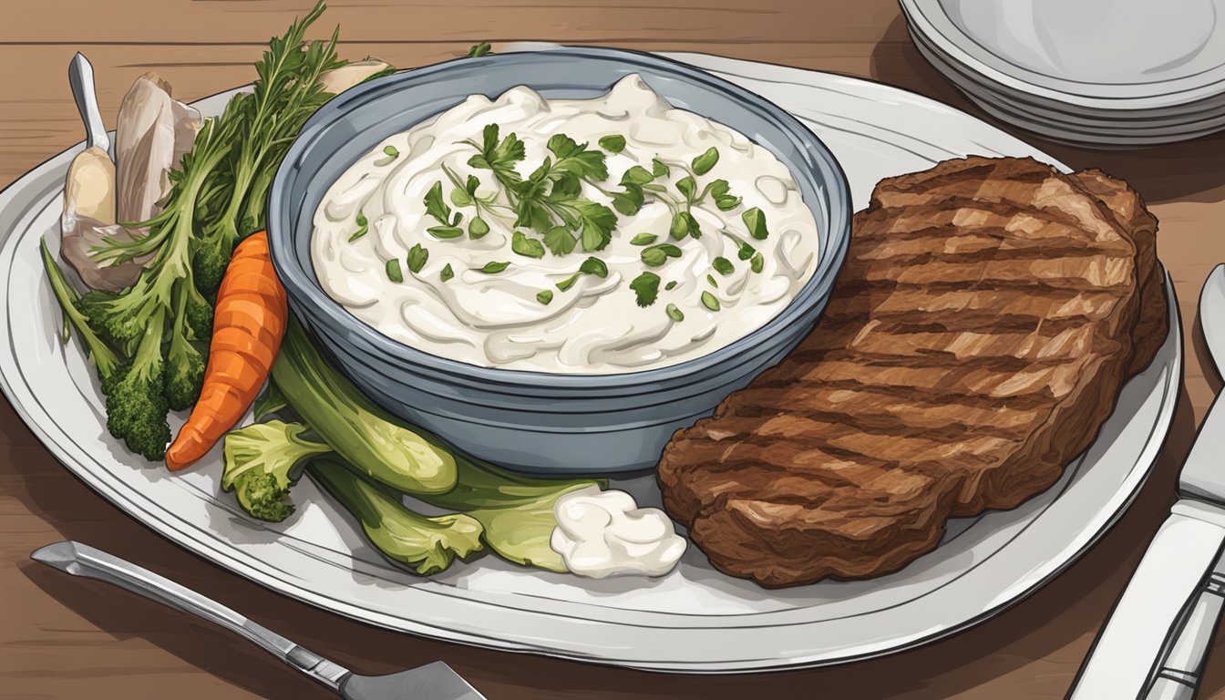 A bowl of sour cream sits next to a plate of grilled meat and vegetables, with a knife and fork on the side