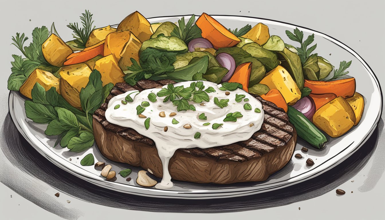 A dollop of sour cream sits atop a sizzling steak, surrounded by a pile of grilled vegetables and a few scattered herbs