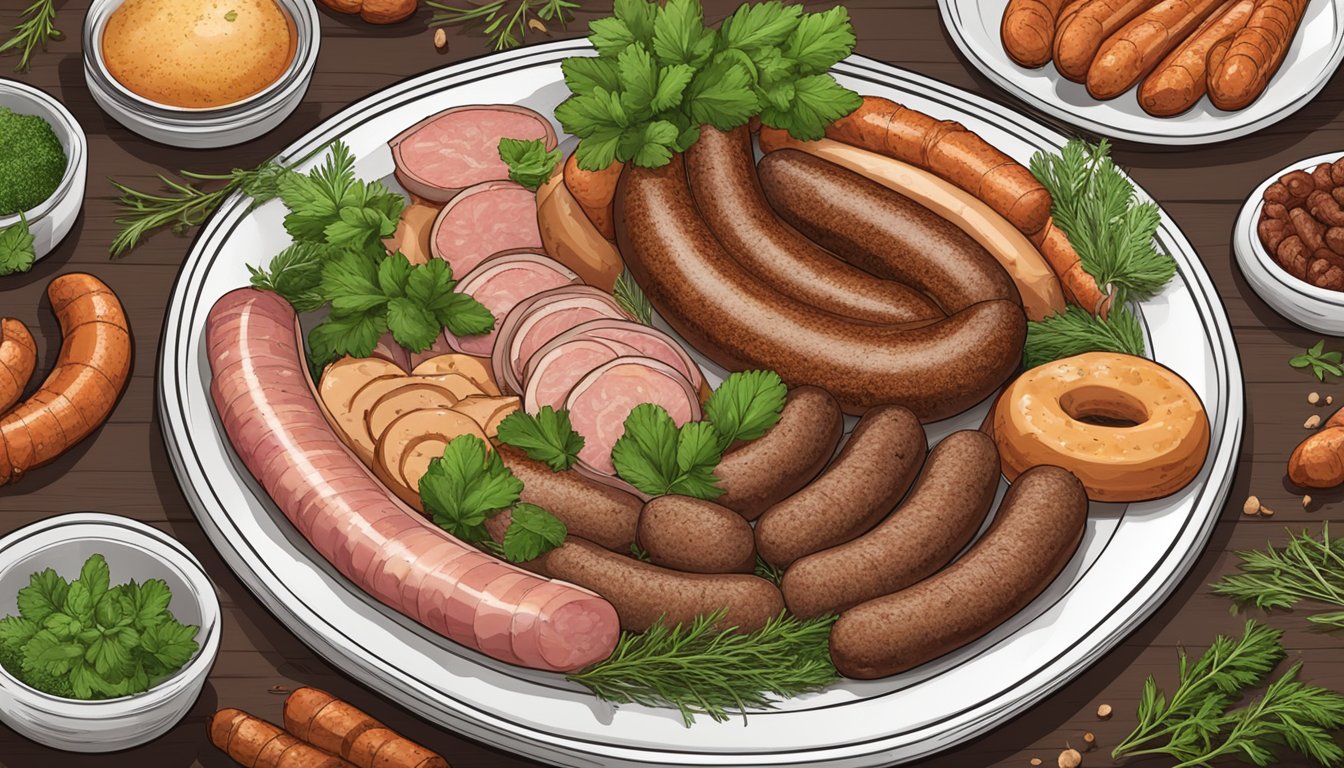 A plate with a variety of sausages, including beef and pork, surrounded by fresh herbs and spices